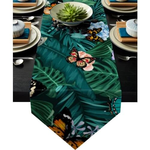 Modern Table Runners Palm Leave Butterfly Tropical Plant Green Table Mat Home Decor Placemat Coasters Wedding Party