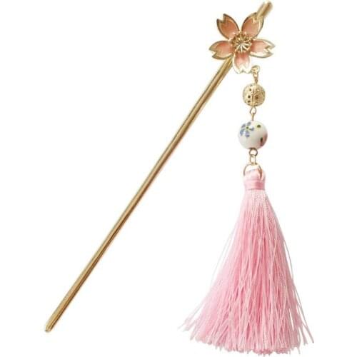 Sweet Retro Vintage Metal Cherry blossoms Flower ball Tassel Hairpins Hair Stick Headwear Ornament Accessories