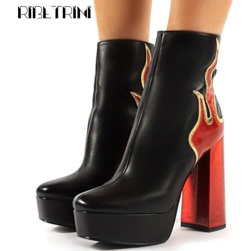 RIBETRINI Western Platform Ankle Boots For Women Sexy Trunky 13 Cm High Heeled Boots Patent Faux Leather Shoes Woman Size 36-41