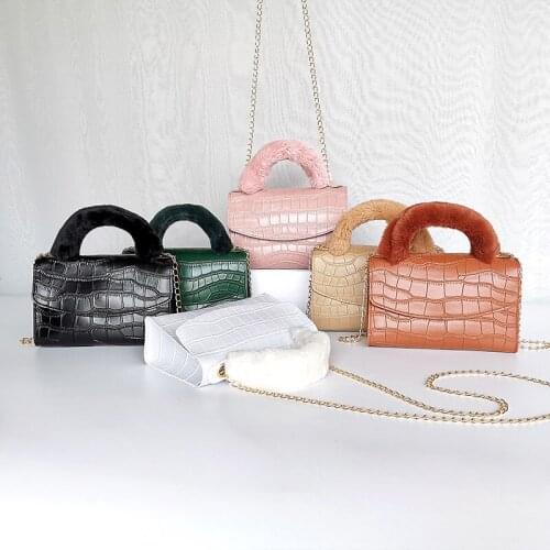 New Fashion Women Bags Crocodile Pattern PU Leather Handbag Shoulder Messenger Chain Retro Plush handle Small Square Bag
