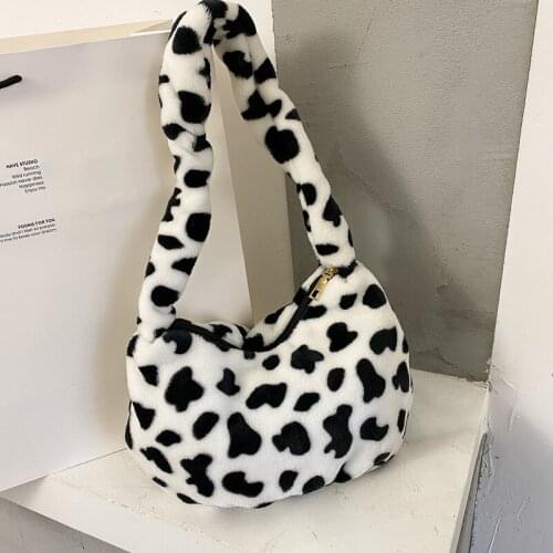 Cartoon Cow Print Women Shoulder Bags Plush Fashion Female Crossbody Bag Soft Design Girls Students Messenger Shoulder Bags