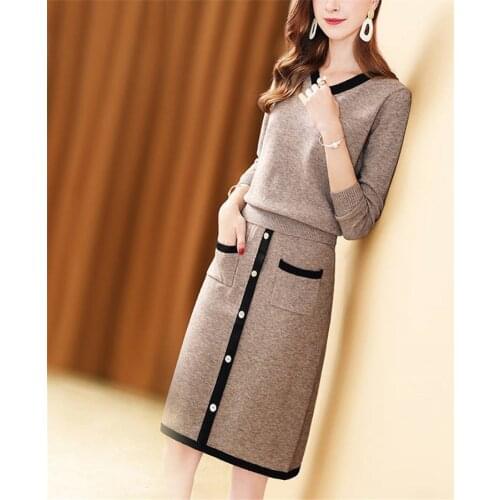 2020 New Casual Loose Tops And Knee Length Skirt Knitted Set Solid Women Pullover Sweaters Skirts Two Piece Suits Clothing