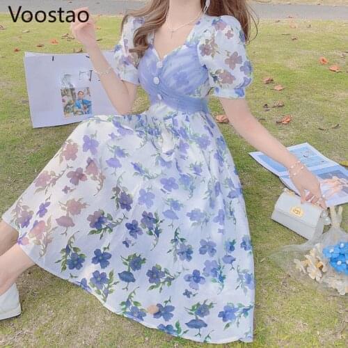 Summer Vintage Floral Print Chiffon Dress Women French Chic Mesh Patchwork Puff Sleeve Party Dress Elegant Holiday Beach Dresses