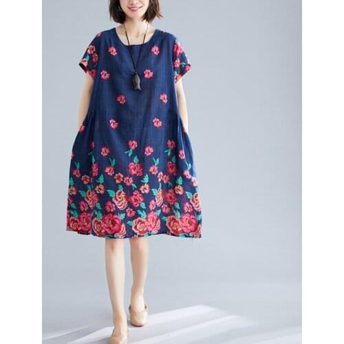 Women Summer Loose Casual Dress New Arrival 2021 Vintage Style O-neck Floral Print Female Knee-length A-line Dresses B452