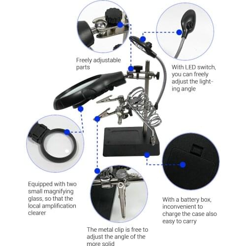 16129-C LED Lupa Table Magnifier 2.5X 7.5X Illuminated Magnifier 10X Magnifying Glass Lamp Third Hand Soldering amplificador
