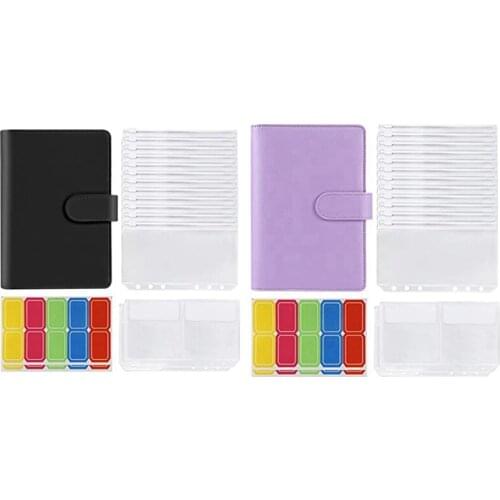 2Set 14 Binder Bags A6 with Leather Binder Cover, 6 Rings Budget Binder with Cash Envelope,Black & Purple