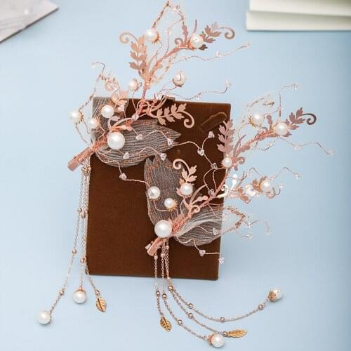 2 Pcs Rose Gold Color Wedding Bridal Headbands Pearl Varn Tassel Tiara Hairgrips Set Handmade Women Jewelry Hair Clips Pins