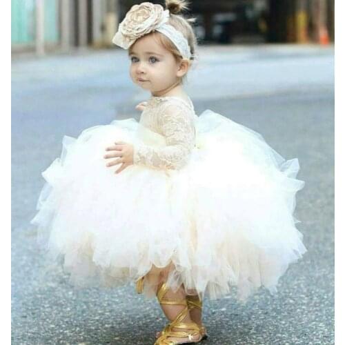 2021 Vintage Lovely Ivory Baby Infant Toddler Baptism Clothes Flower Girl Dresses With Long Sleeves Lace Sheer Neck Tutu Ball