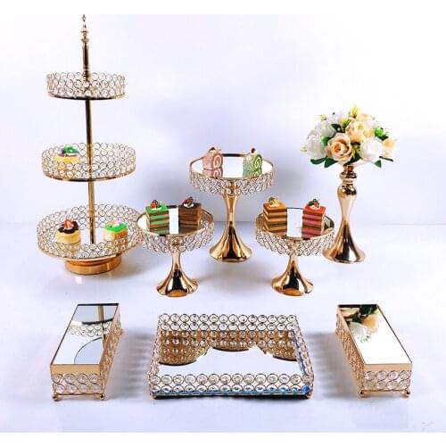 8pcs Crystal Metal Cake Stand Set Acrylic Mirror Cupcake Decorations Dessert Pedestal Wedding Party Display Tray