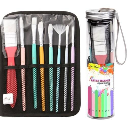 8pcs Color Wood Handle Nylon Artist Paint Brushes Set Cloth Bag Plastic Tube Fan Wide Brush for Acrylic Oil Watercolor Painting