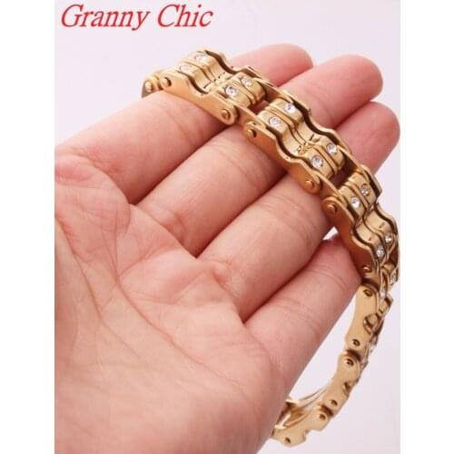 Granny Chic 9"*15MM New Arrival Fashion Jewelry Men Women Crystal Bracelets Gold Tone 316L Stainless Steel Bracelets & Bangles