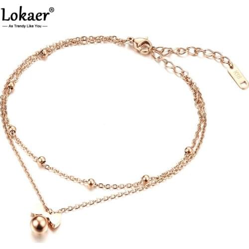 Lokaer New Delicate Bowknot Anklets Classic Rose Gold Color Stainless Steel Double Layer Women Ankle Jewelry Bracelets A19035