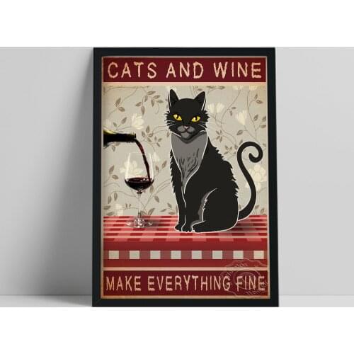 Black Cat Poster, Cats And Wine Make Everything Fine Painting Decor, Funny Black Animal Wall Picture, Vintage Animal Wall Art