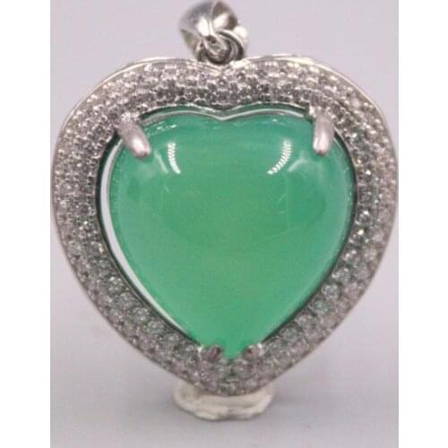 Pure 925 Sterling Silver Pendant 40x23mm Green Chalcedony Bead Zircon Lace Heart-Shaped Charms