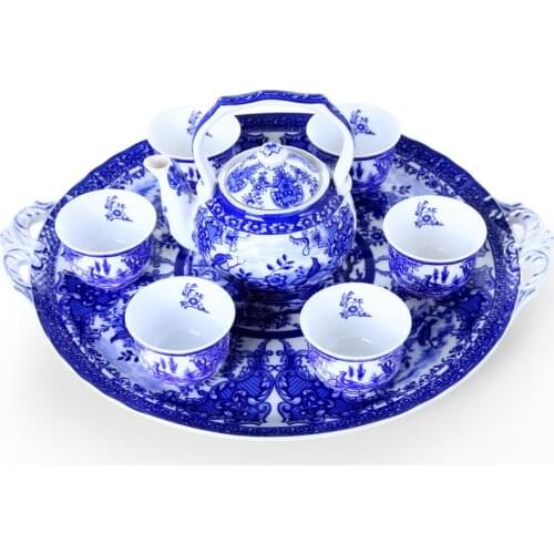 Coloured Blue and White Ceramic Kungfu Teaware in Spot Glaze Tea Plate Teaware Tea Cup Tea Cans Set
