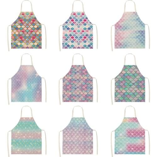 Color fish scales Priinting Women Kitchen Aprons Cooking oil-proof Cotton Linen Antifouling Chef Apron 68*55cm 0162