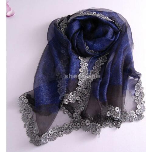 22 Colors High Quality Shining Double Layer Silk Organza Long Scarf Autumn Winter Warm Wrap Ethnic Pashmina with Lace Edging
