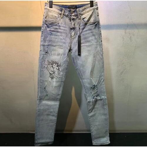Autumn Graphic Jeans Mens Stretch Jeans Skinny High Street Stacked Men Jeans Hombre High Quality Angel Print Jeans Hip Hop Jeans