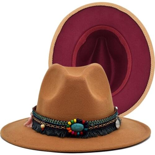 Hot Sale Ladies Black Gift Hat Patchwork Wool Felt Floppy Hat Men Jazz Fedora Wide Brim Panama Trilby Cap F48