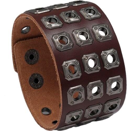 Jessingshow Retro Rivet Wide Genuine Leather Bracelet Fashion Jewelry Rock Punk Adjustable Length Bracelets Men Wristband Bangle