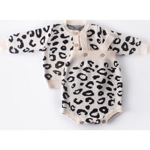 2019 New Pattern Baby Jumpsuit Girl Spring And Autumn Sweater Leopard Print Jacket+Leopard Print Jumpsuit Two Piece Suit