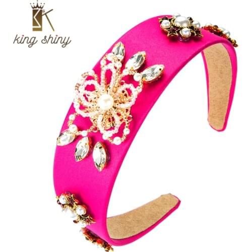 King Shiny Vintage Baroque Crystal Beaded Flower Headband Elegant Imitation Pearl Padded Hairband Girl Party Jewelry Tiara Bezel