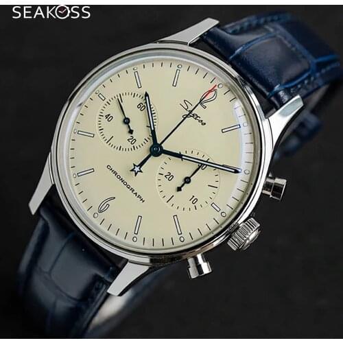SEAKOSS Sugess 1963 Watch Pilot Men 40mm Bubble Mirror Seagull ST19 Movement Luminous Man Army Military Chronograph Wristwatches