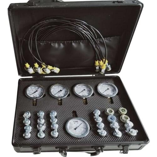 Hydraulic pressure gauge test kit with 5 pressure gauges, 3 test hoses and 24 couplings for Komatsu quick connectors