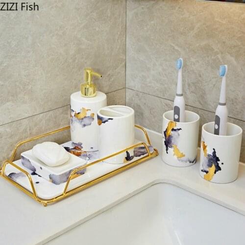 Ceramic Bathroom Accessories Set Soap Dispenser Toothbrush Holder Soap Dish Cotton Swab Aromatherapy Bathroom Supplies