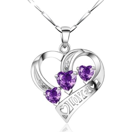 Silver Plated Romantic Love Heart Pendant 3 Purple Cubic Zirconia Necklace for Anniversary Gift Jewelry