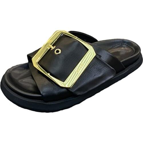 Lazy Beach Modern Slides Female Genuine Cowhide Leather Flat With Comfortable Fashion Shoes High End Gold Buckle Decoration New