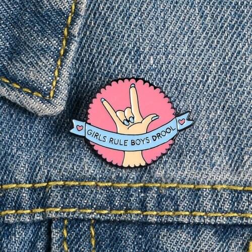 Girls Rule Boys Drool ! Feminism liberalism Feminist Pins Pink Round Banner Badge Brooches Enamel Lapel Pin Gifts for Women girl