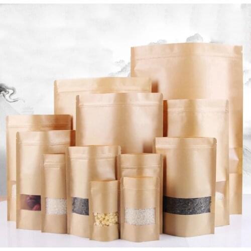 Standup kraft paper bag with matt window and zipper for food, paper ziplock bag 100pcs/lot