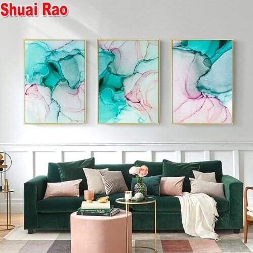 Triptych Green Pink Marble diamond painting cross stitch diamond mosaic 3 piece 5d diamond embroidery color Ink Abstract Paintin