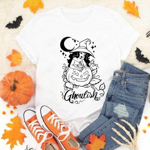 Ghoulish Witch With Pumpkin Layered T-shirt Women Witchy Gothic Top Tee Shirt Retro Halloween Party Tshirt Aesthetic