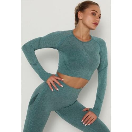 Women Seamless Long Sleeve Yoga Shirts Crop Top Thumb Hole Sportswear Fitted Gym Running Outfits High Elastic Running T-Shirts