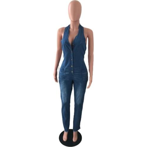 2021 Summer Sexy Sleeveless Backless Halter Jeans Denim Jumpsuit Playsuit Fashion Slim Bodycon Romper Overalls Plus Size Outfits
