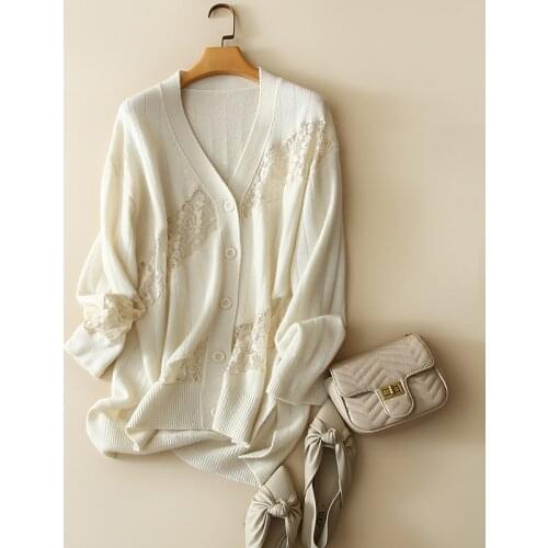 Autumn winter new france chic 100% cashmere cardigan women lace up v neck buttons sweater knitted ladies elegant oversize tops