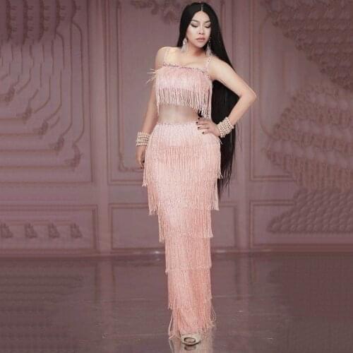 New Pink Tassel Sleeveless Long Dress Women Prom Wedding Party Birthday Dress Fringes Rhinestones Bodycon Dance Costume