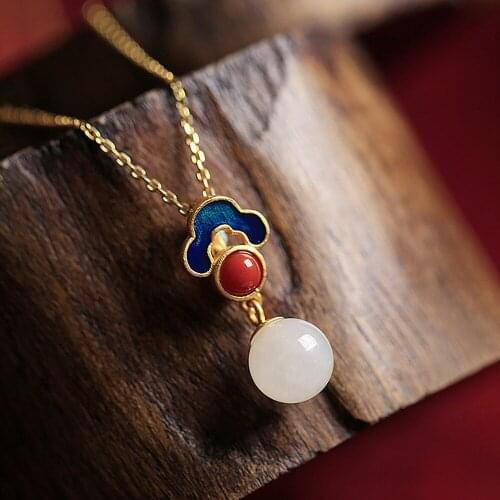 Vintage Colorful Clouds White Jade Blue Enamel Pendant Necklaces for Women Gold Color Choker Chain Jewelry Trendy Accessory Gift