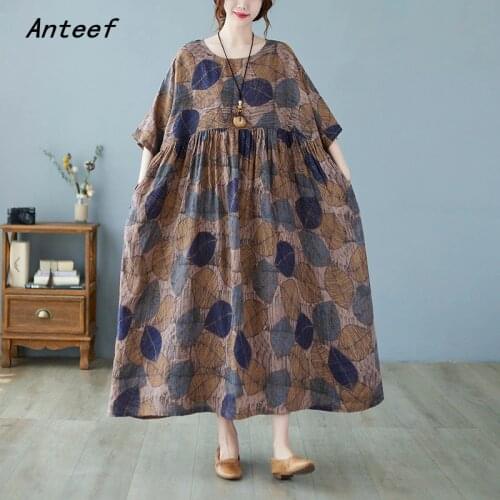 Short sleeve cotton vintage floral dresses for women casual loose long woman summer dress elegant clothes 2021