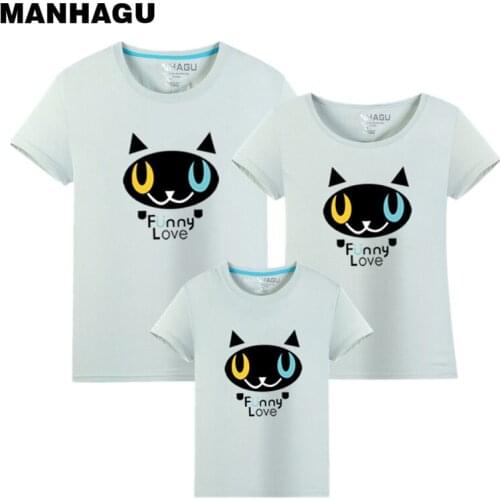MANHAGU 1 Piece 2017 Matching Family Clothes Mother & kids T-shirt Boys Cartoon cat T Shirt Plus Size Mom & Me Father and Son