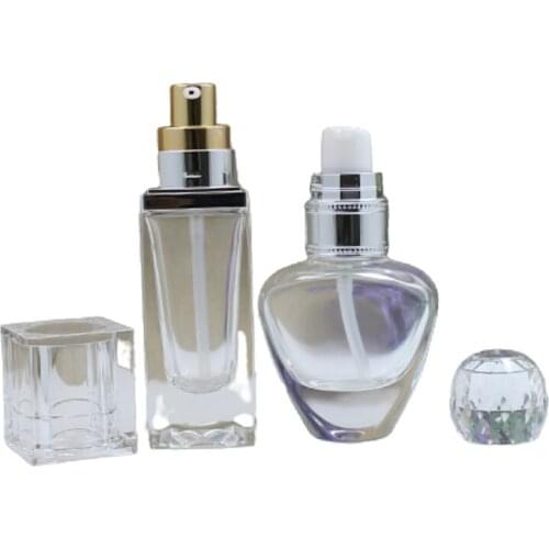 30ml Empty Squaer Clear Glass Refillable Bottle Gold White Lotion Pump Acrylic Cover Essence Emulsion Cosmetic Container 8pieces