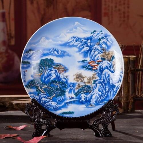 Antique Inmitation Artistic Blue and White Porcelain Decoration Plate / Dish with Printed Landscape Painting (Multiple Options)