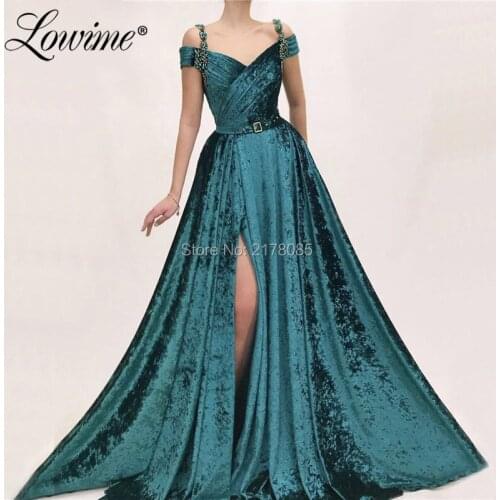 Velvet Arabic Evening Dresses Islamic Dubai Muslim Party Gowns 2019 Robe De Soiree Beaded Crystal Party Dress Abendkleider