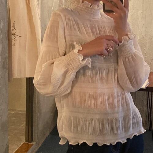 Alien Kitty Solid Pleated Stand Chiffon Light Fairy Basic Sweet Blouses 2020 Cute Chic All Match Casual Female Basic Shirts