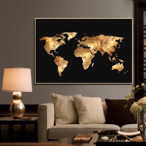 Black Gold World Map Canvas Painting Scandinavian Posters and Prints Modern Wall Art Picture for Living Room Bedroom Decor Mural