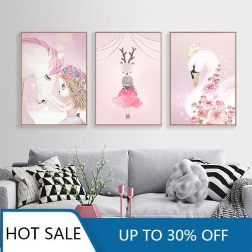 Fantasy Cartoon Unicorn Wall Art Canvas Painting Posters Miss Rabbit White Swan Little Girl Princess Dream Kids Room Decoration