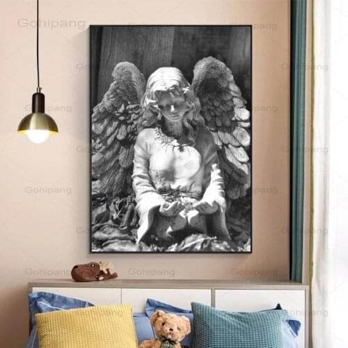 Canvas Painting Black and White Angel Statue Wall Art Posters and Prints Angel Wings Sculpture Picture On Wall for Living Room
