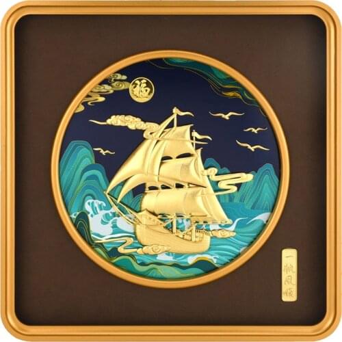 Gold Foil Chinese Art Painting Sailboat On The Sea Handmade Picture Wall Decor For Living Room Home Decor With Framed Mirrors